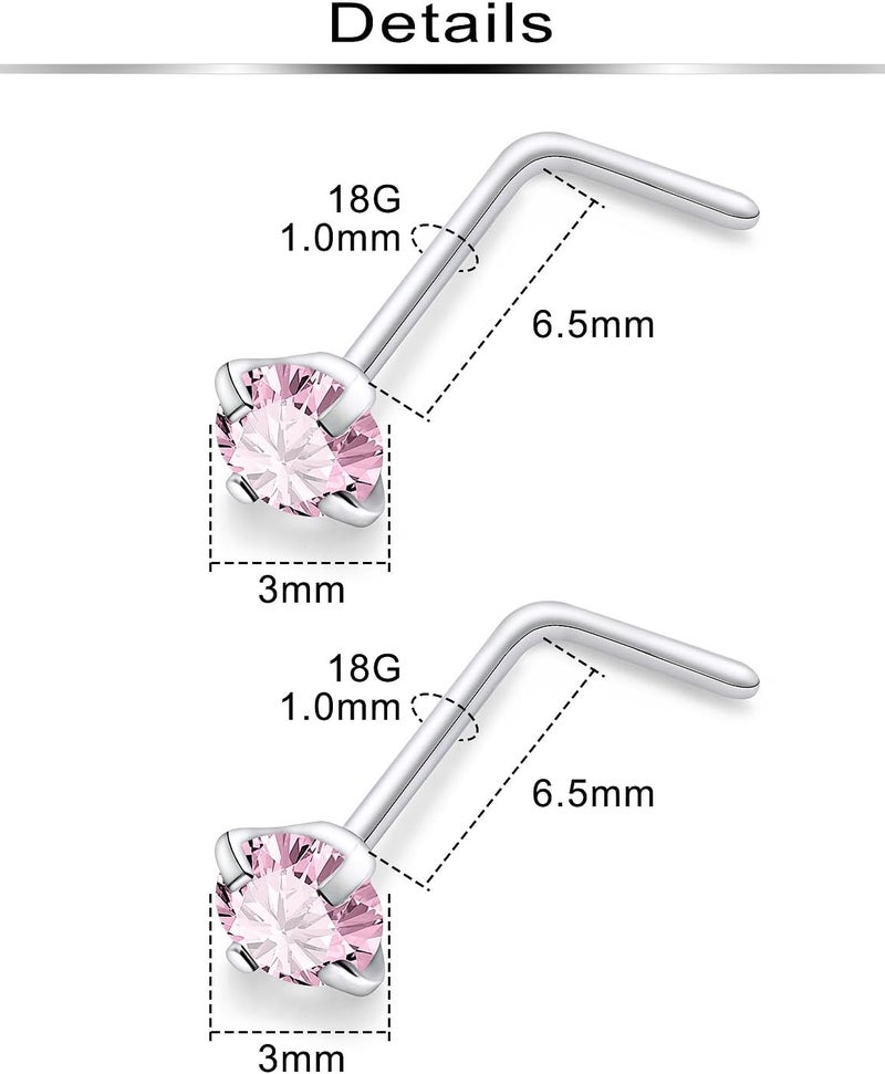 Ftovosyo Hypoallergenic Nose Rings Studs 18G & 20G Surgical Steel Nose Studs L Shaped Nostril Piercing Jewelry with Pink Cubic Zirconia for Women & Men - Image 2
